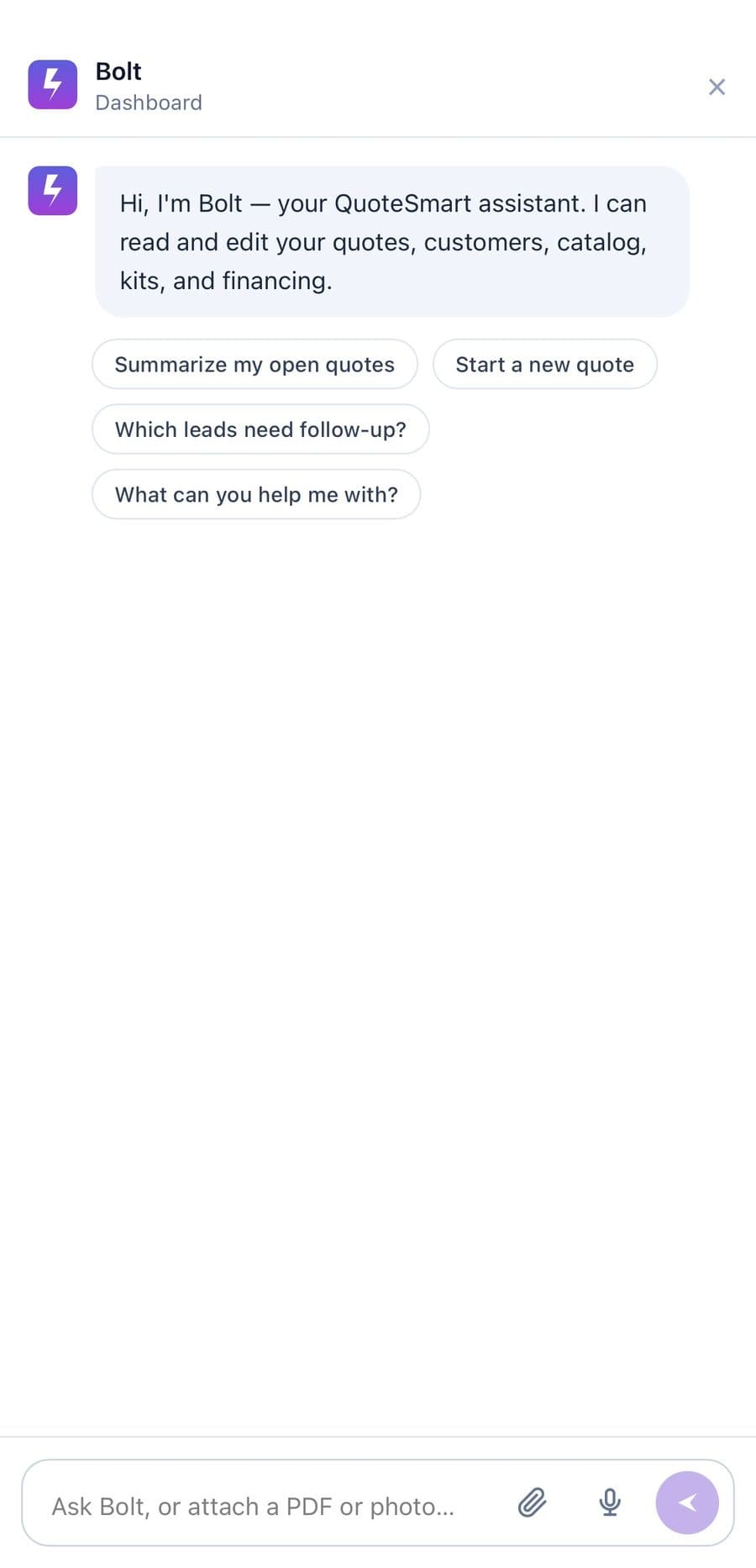 The Bolt AI chat panel inside QuoteSmart, offering to summarize quotes and start new ones