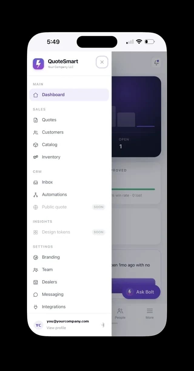QuoteSmart navigation menu: dashboard, quotes, customers, catalog, inventory, inbox, automations, branding, team and dealers