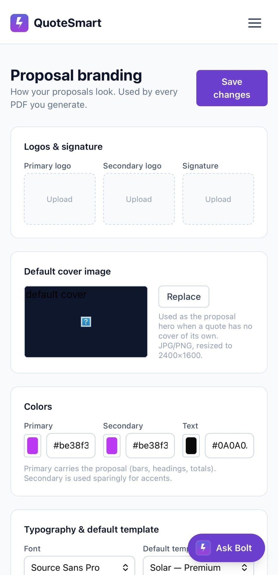 QuoteSmart proposal branding settings — logos, default cover, brand colors, and typography
