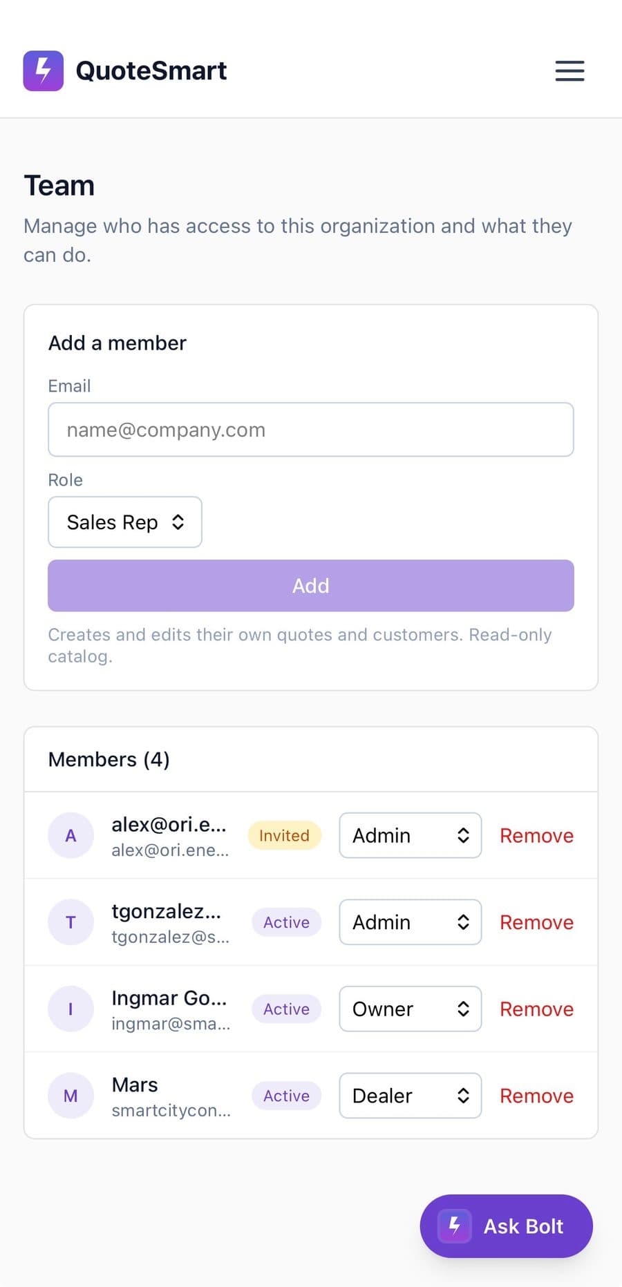 QuoteSmart team management — add members, assign roles, and manage access